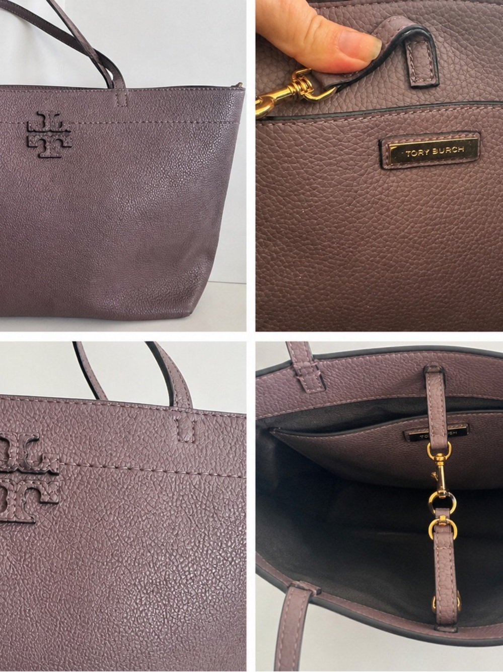 Tory Burch Plum Pebbled Leather Tote with Gold Hardware